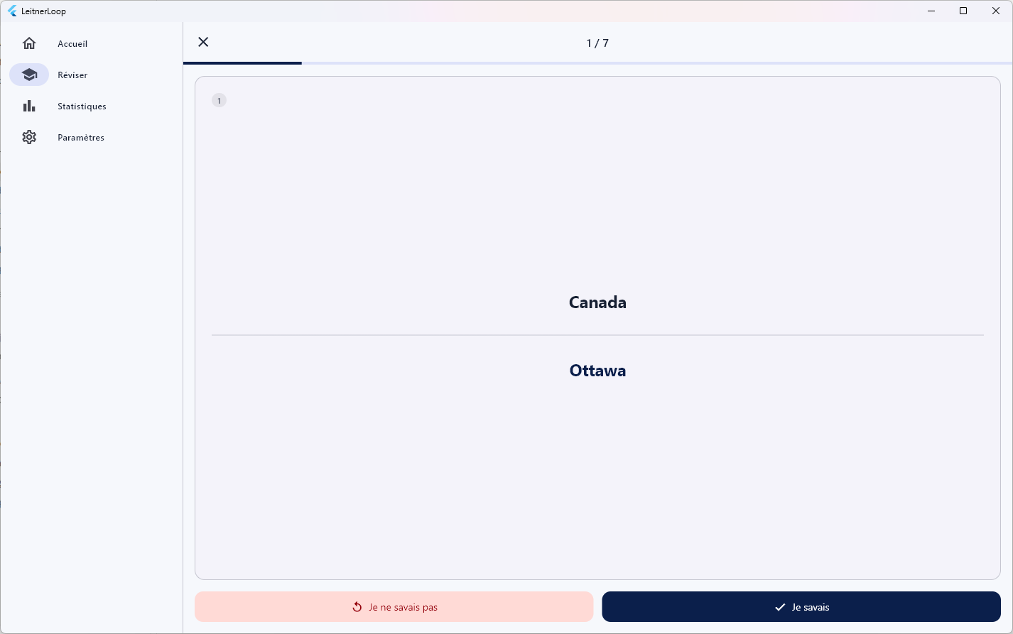 Une carte pendant une séance : la question, la réponse révélée, et les deux seules évaluations possibles.